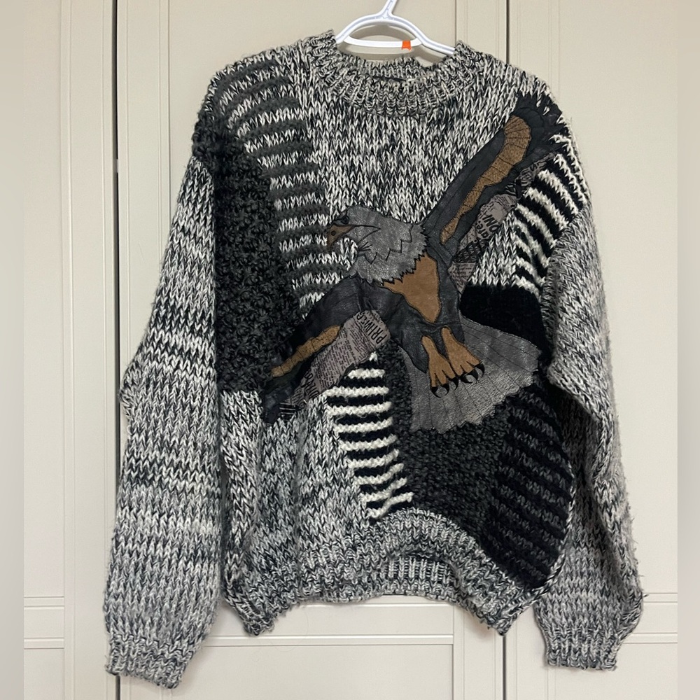 Vintage Black Gray Brown Crewneck Sweater with Eagle Motif